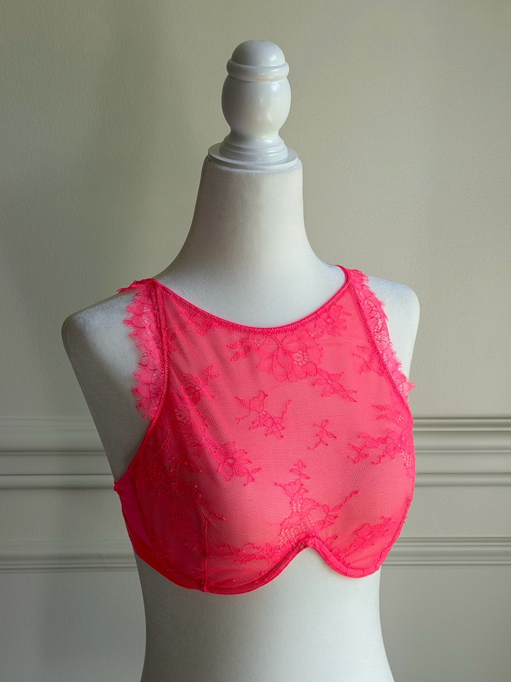 Victoria Secret Sheer Lace High-Neck Underwire Bralette in Neon Pink